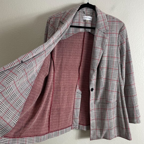 Calvin Klein Womens Plus 2X Red Black Plaid Blazer Jacket One Button - Picture 8 of 12